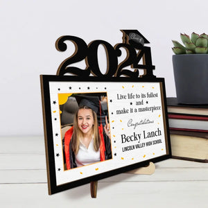 Custom Photo Live Life To Its Fullest & Make It A Masterpiece - Family Personalized Custom 2-Layered Wooden Plaque With Stand - Graduation Gift For Siblings, Brothers, Sisters