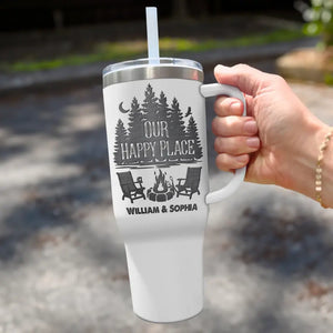 Our Happy Place Is Where We Camp Together - Camping Personalized Custom 40 Oz Stainless Steel Tumbler With Handle - Gift For Camping Lovers