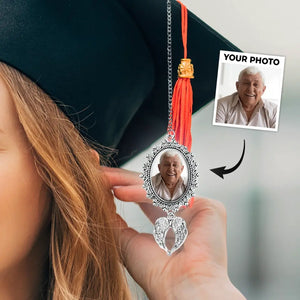 Custom Photo In Loving Memory - Family Personalized Custom Graduation Tassel Photo Charm With Angel Wings - Graduation Gift For Family Members, Siblings, Brothers, Sisters