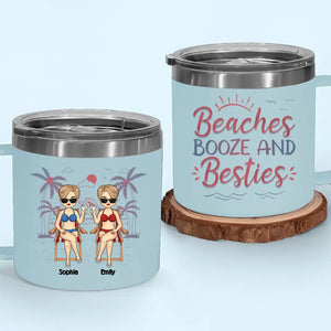 Friends, Sun, And Adorable Moments - Bestie Personalized Custom 14oz Stainless Steel Tumbler With Handle - Summer Vacation Gift For Best Friends, BFF, Sisters