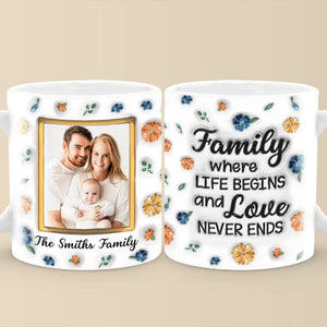 Custom Photo Family Where Love Never Ends - Family Personalized Custom 3D Inflated Effect Printed Mug - Gift For Family Members