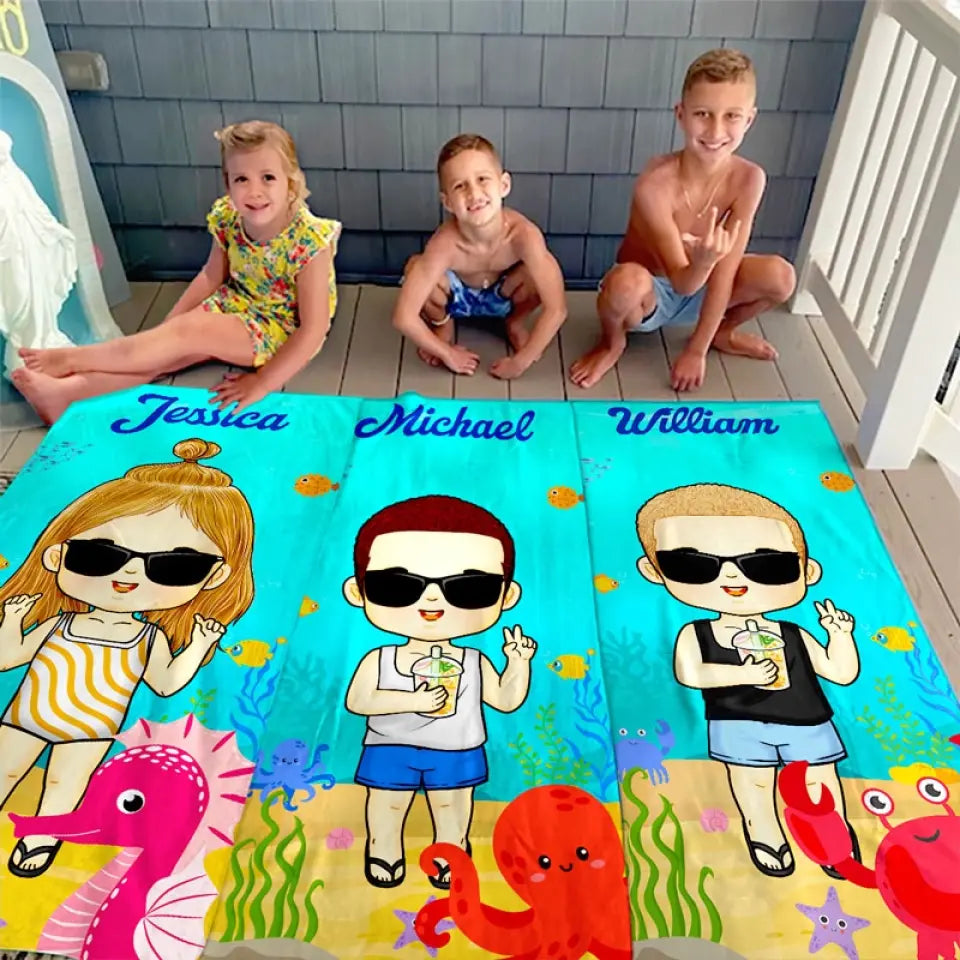 Summer, Beach, Pool, Travel - Family Personalized Custom Beach Towel - Summer Vacation Gift, Birthday Pool Party Gift For Family Members