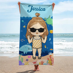 Summer, Beach, Pool, Travel And Kid - Family Personalized Custom Beach Towel - Summer Vacation Gift, Birthday Pool Party Gift For Family Members