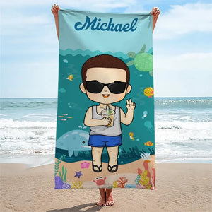 Summer, Beach, Pool, Travel And Kid - Family Personalized Custom Beach Towel - Summer Vacation Gift, Birthday Pool Party Gift For Family Members