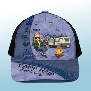 Camp Hair Don't Care - Camping Personalized Custom Mesh-back Baseball Cap, Baseball Trucker Cap - Gift For Husband Wife, Camping Lovers