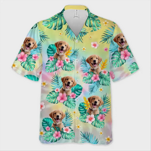 Custom Photo A Happy Family Is But An Earlier Heaven - Family Personalized Custom Unisex Tropical Hawaiian Aloha Shirt - Summer Vacation Gift, Gift For Family Members, Pet Owners, Pet Lovers