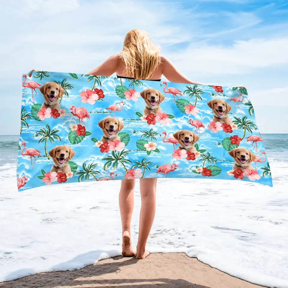 Custom Photo Holiday Mode Accelarated - Dog 
& Cat Personalized Custom Beach Towel - Summer Vacation Gift, Birthday Pool Party Gift For Pet Owners, Pet Lovers