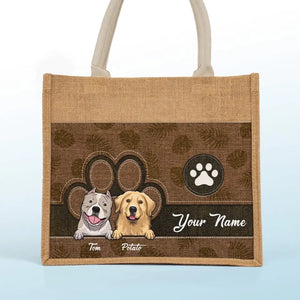 This Human Belongs To Us - Dog Personalized Custom Tote Gift Bags, Jute Tote Bags, Beach Bags - Gift For Pet Owners, Pet Lovers