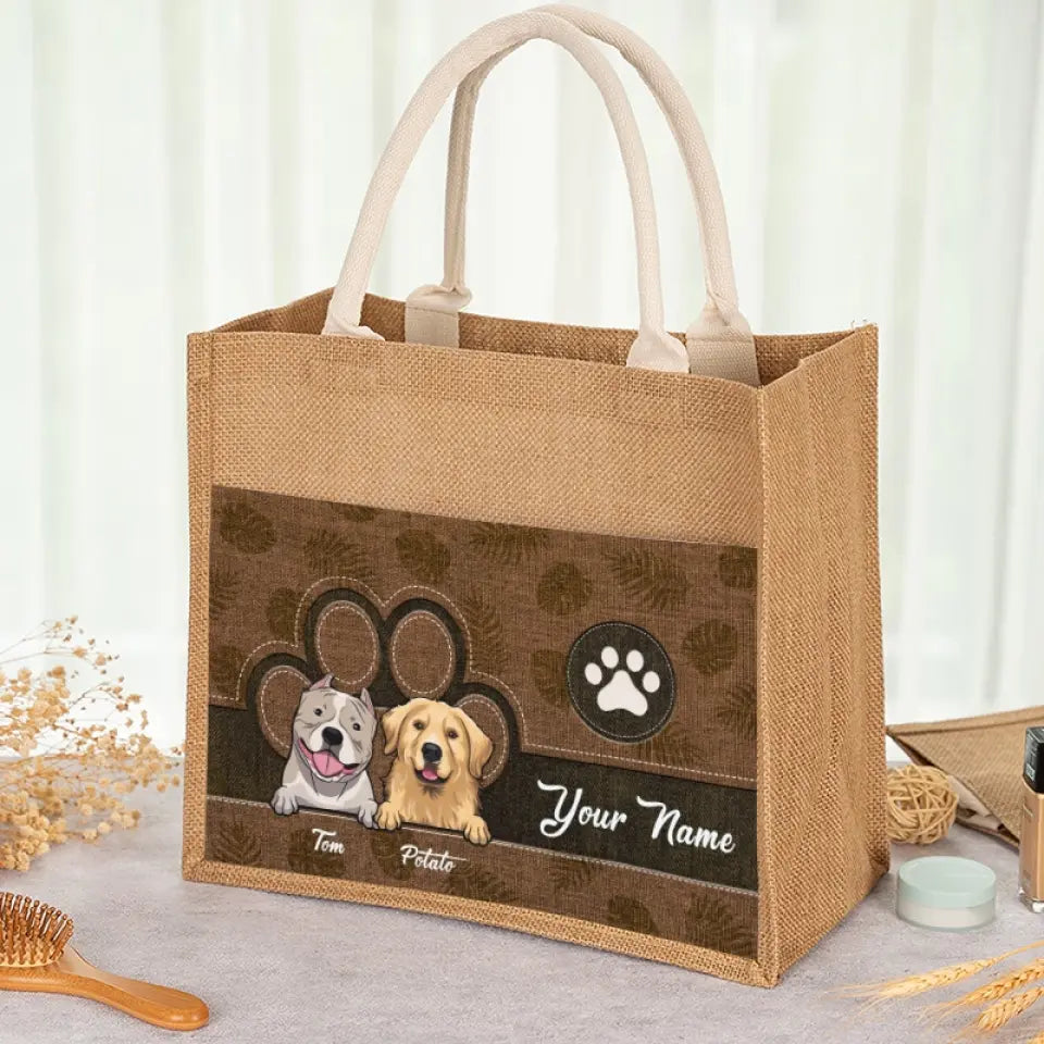 This Human Belongs To Us - Dog Personalized Custom Tote Gift Bags, Jute Tote Bags, Beach Bags - Gift For Pet Owners, Pet Lovers