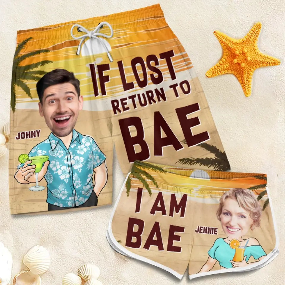 Custom Photo If Lost Return To Bae - Funny Personalized Custom Tropical Hawaiian Aloha Couple Beach Shorts - Summer Vacation Gift, Birthday Party Gift For Husband Wife