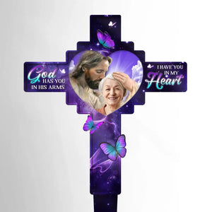 Custom Photo God Has You In His Arms - Memorial Personalized Custom Stain Glass Style Acrylic Garden Stake - Sympathy Gift For Family Members