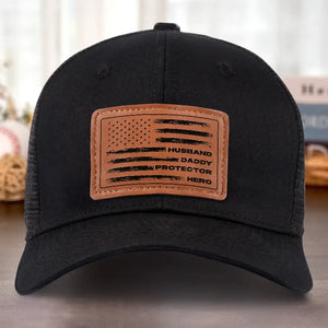 My Dad, My Hero, My Love - Family Leather Patch Hat - Gift For Dad