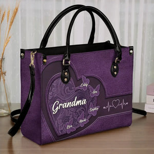 Happiness Is Being A Grandma - Family Personalized Custom Leather Handbag - Gift For Mom, Grandma