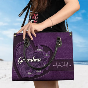 Happiness Is Being A Grandma - Family Personalized Custom Leather Handbag - Gift For Mom, Grandma