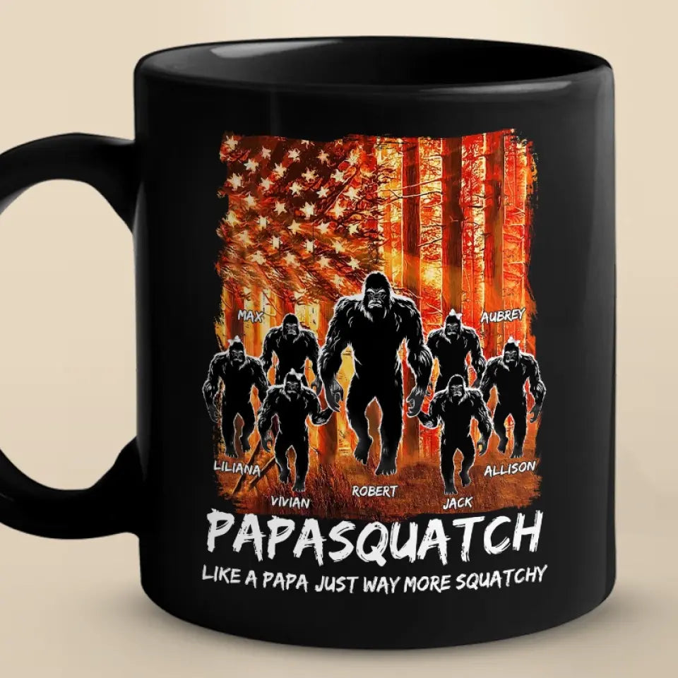 Like A Papa Just Way More Squatchy - Family Personalized Custom Black Mug - Gift For Dad, Grandpa