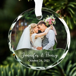 Custom Photo Love At First Sight, Soulmates Forever - Couple Personalized Custom Circle Glass Ornament - Gift For Husband Wife, Anniversary