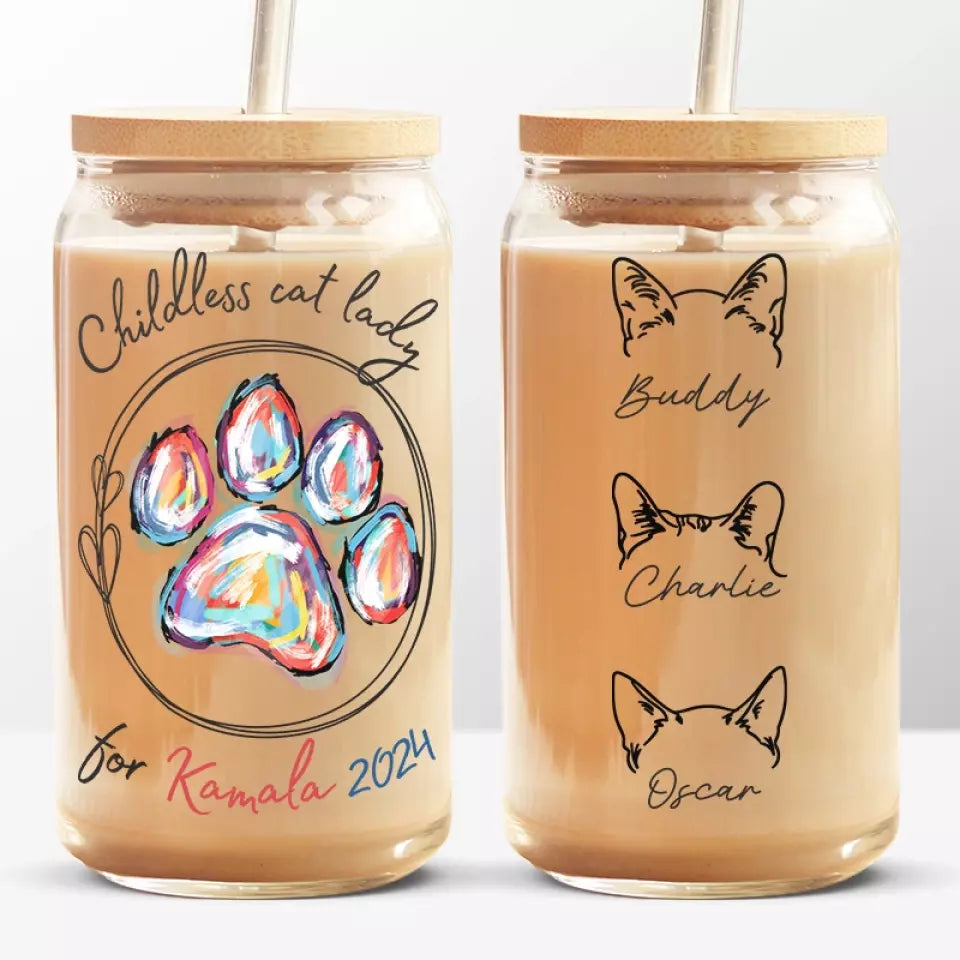 Childless Cat Lady For Kamala 2024 - America US Elections Glass Cup, Iced Coffee Cup - Gift For Cat Owners, Cat Lovers