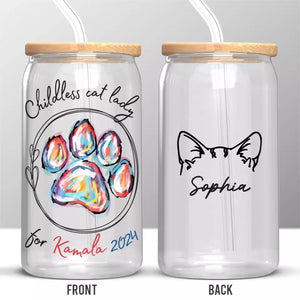 Childless Cat Lady For Kamala 2024 - America US Elections Glass Cup, Iced Coffee Cup - Gift For Cat Owners, Cat Lovers