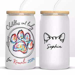 Childless Cat Lady For Kamala 2024 - America US Elections Glass Cup, Iced Coffee Cup - Gift For Cat Owners, Cat Lovers