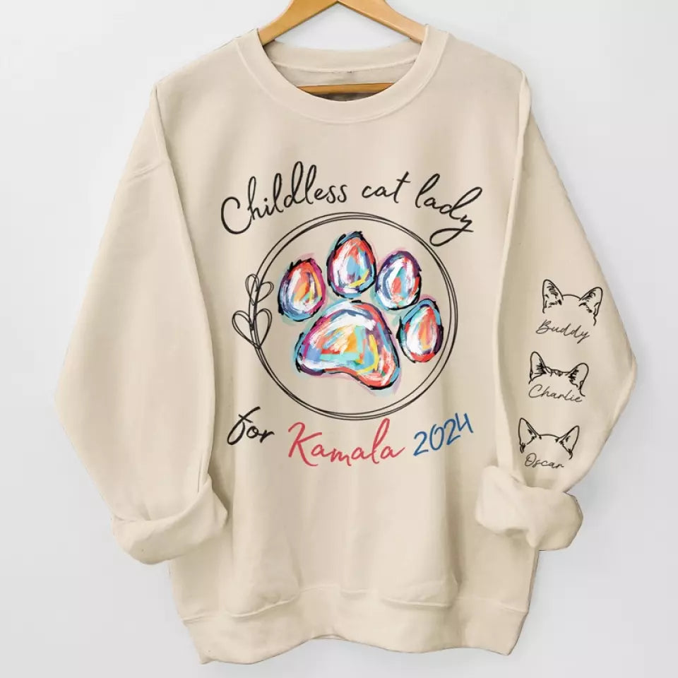 Childless Cat Lady For Kamala 2024 - America US Elections Unisex Sweatshirt With Design On Sleeve - Gift For Cat Owners, Cat Lovers