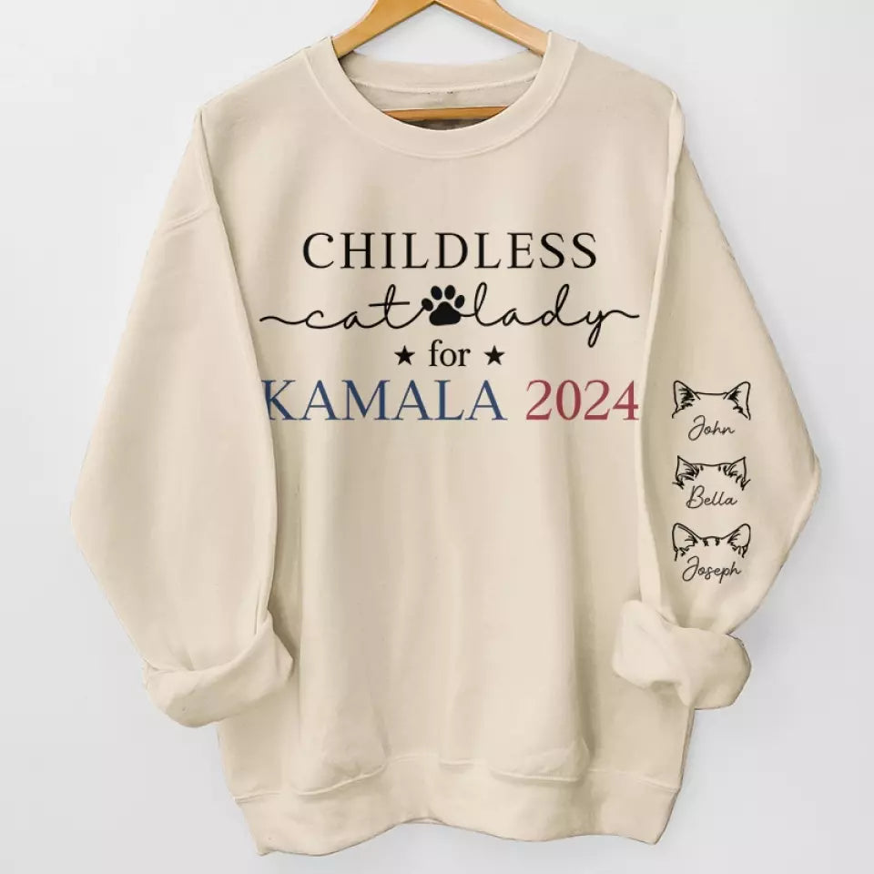 Childless Cat Ladies Vote For Kamala 2024 - America US Elections Unisex Sweatshirt With Design On Sleeve - Gift For Cat Owners, Cat Lovers