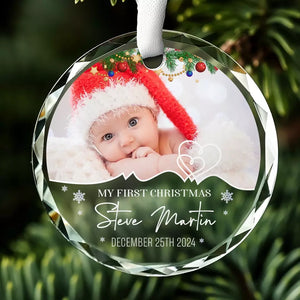 Custom Photo My First Christmas - Family Personalized Custom Circle Glass Ornament - Christmas Gift For Baby Kids, Newborn Baby