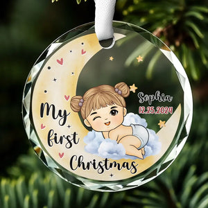 Joy To The World - Family Personalized Custom Circle Glass Ornament - Christmas Gift For Baby Kids, Newborn Baby