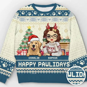 Happy Pawlidays - Dog & Cat Personalized Custom Ugly Sweatshirt - Unisex Wool Jumper - Christmas Gift For Pet Owners, Pet Lovers