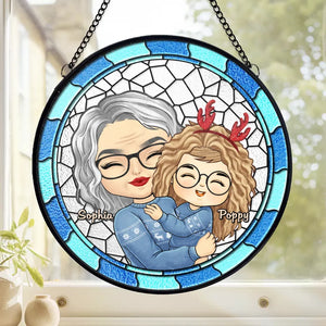 Grandma's Hugs Make Christmas Warm And Bright - Family Personalized Custom Stained Glass Window Hanging Suncatcher - Christmas Gift For Mom, Grandma