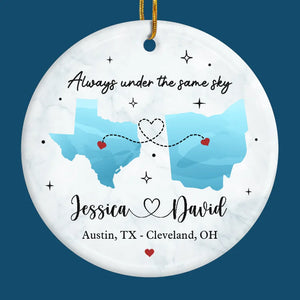 Miles Apart, But Closer Than Ever At Heart - Couple Personalized Custom Ornament - Ceramic Round Shaped - Christmas Gift For Husband Wife, Anniversary