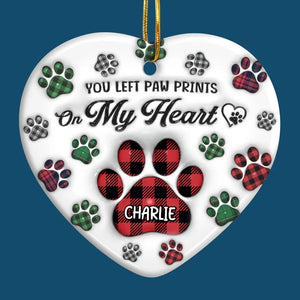 You Left Paw Prints On My Heart - Memorial Personalized Custom 3D Inflated Effect Printed Ornament - Ceramic Heart Shaped - Sympathy Gift, Christmas Gift For Pet Owners, Pet Lovers